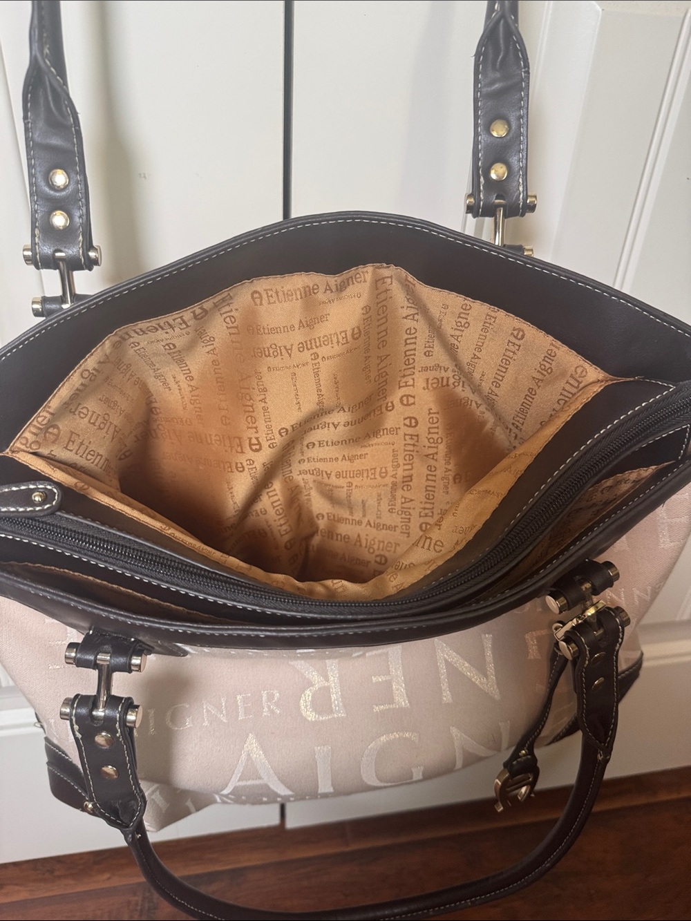 Etienne Aigner Beige Canvas Tote bag purse with Dark Brown leather Trim/gold - Picture 4 of 11